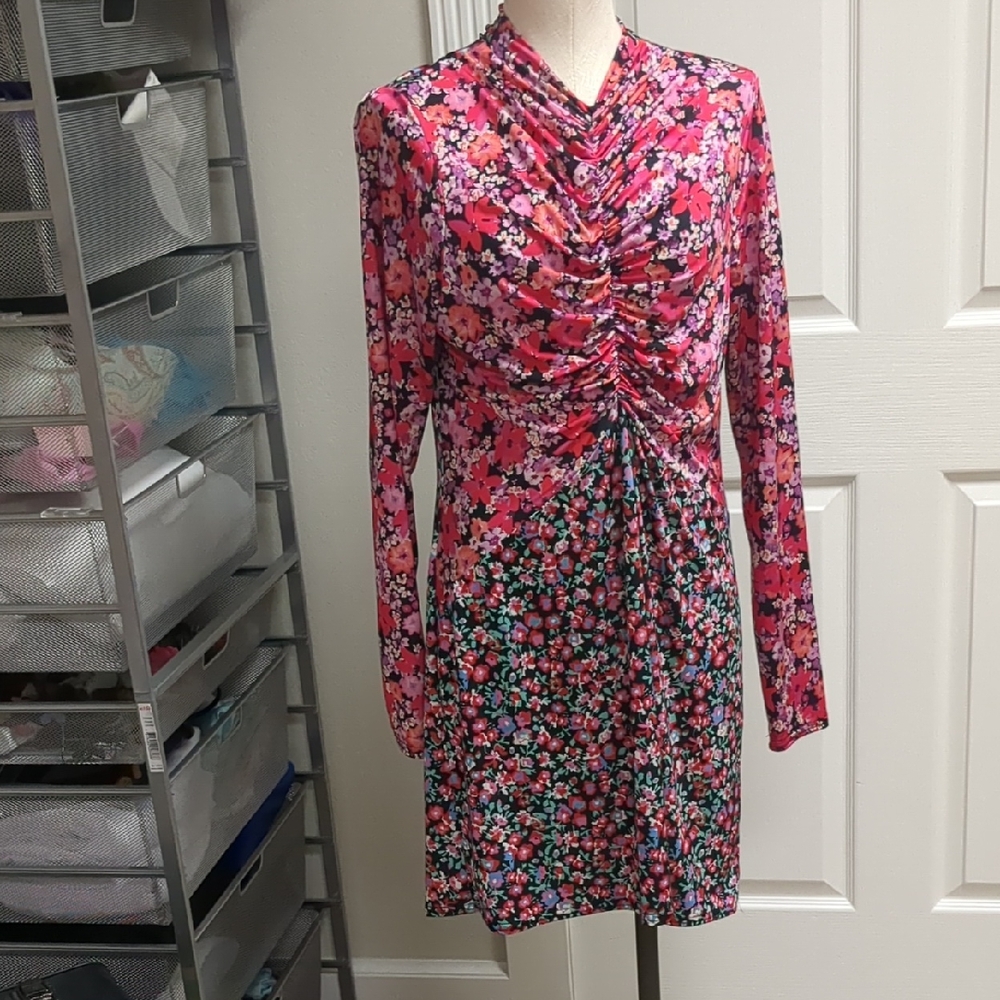 River Island Pink and Red Floral Long Sleeve Dress